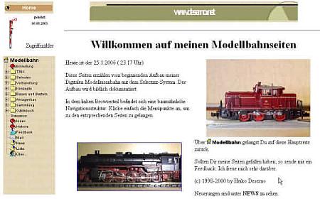 Die Navigation der ersten Seite war noch ein Java-Applet mit Baumnavigation. Thematisch war es Spur N.
Die Seite war sehr verspielt mit Animationen und bunten Farben. Durch die Nutzung der Frontpage-Erweiterungen war
das Finden eines Providers gar nicht so einfach.
