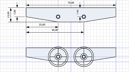 Visio-Zeichnung eines Fahrgestells für einen Grubenhunt im Maßstab 1:22,5.