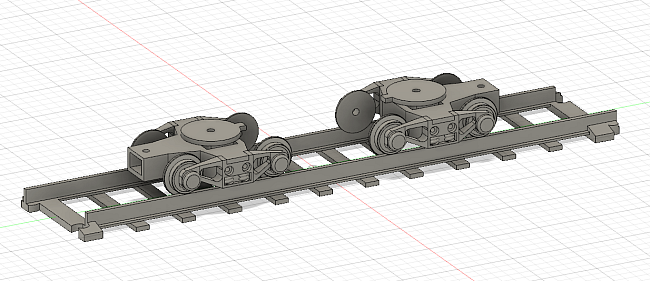 Zeichnungsgrundlage in Fusion 360 ist ein Stück Schiene und zwei Drehgestelle.